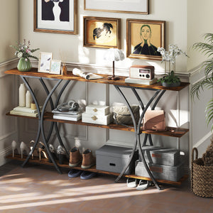 Industrial 3-tier entryway console with 2 storage shelves for living room or hallway, rustic brown