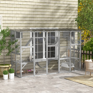 Large cat enclosure with niches, platforms, ladders and sturdy roof, grey.
