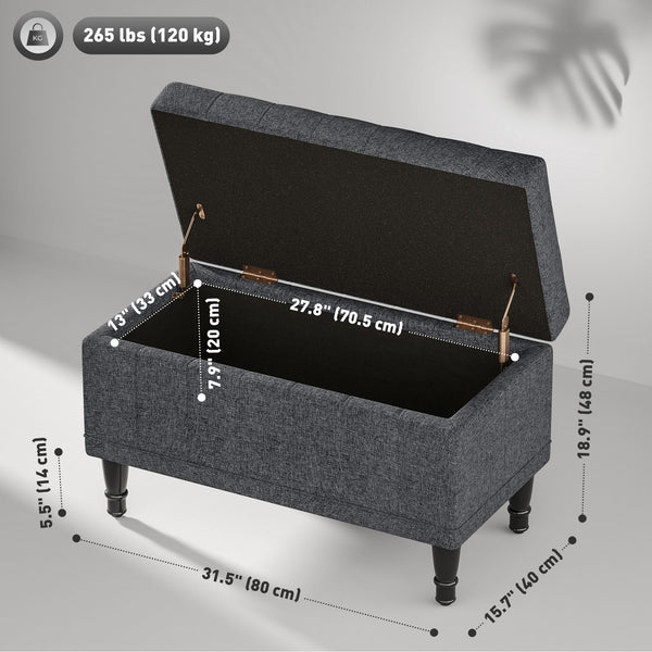 Linen fabric storage pouf with button tufting, gray