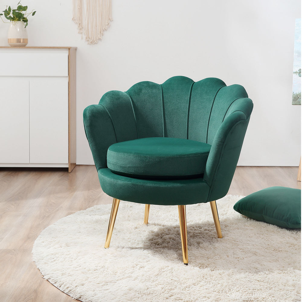 Lotus velvet fabric accent chair with gold metal legs, dark green