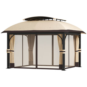 11' x 13' Gazebo, Double Roof, with Mosquito Netting and Curtains, Galvanized Metal Frame, Khaki