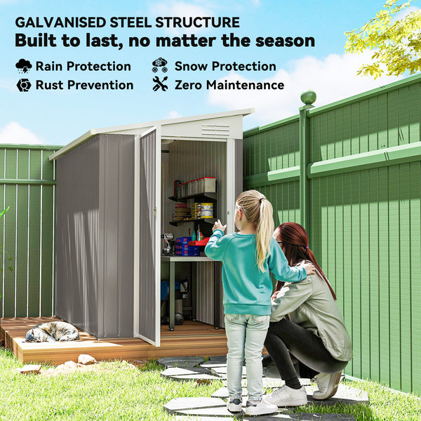 Lean-to metal garden shed with lockable door and ventilation, light grey