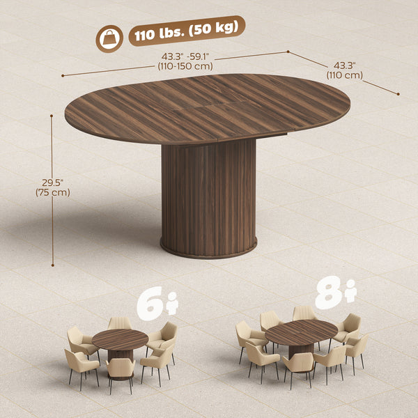 Extendable kitchen table for 6 to 8 people, farmhouse style, with a central pedestal and a walnut finish.