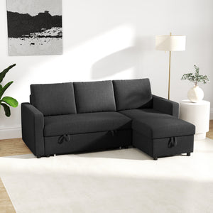 3-seater convertible sectional sofa with pull-out bed, reversible chaise longue and storage – Black