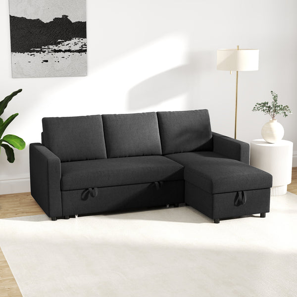3-seater convertible sectional sofa with pull-out bed, reversible chaise longue and storage – Black