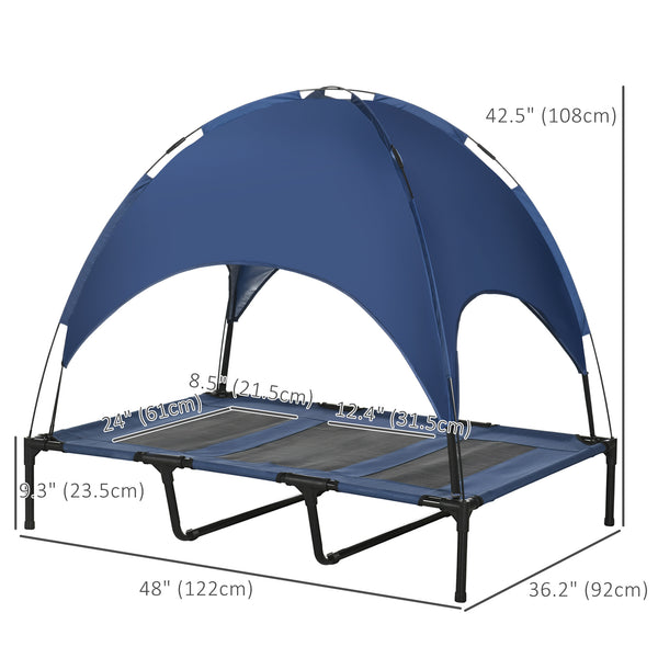 Cooling elevated dog bed with canopy, dark blue