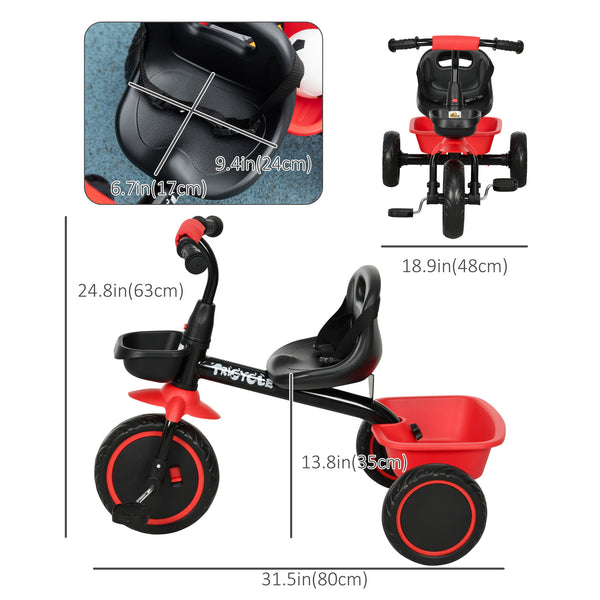 Large tricycle with adjustable seat, safety belt, two storage baskets, red