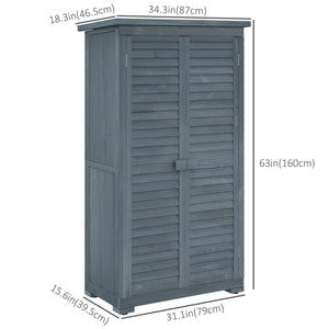 Wooden garden shed with 3-tier shelves, asphalt roof and shuttered doors