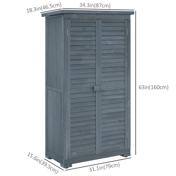 Wooden garden shed with 3-tier shelves, asphalt roof and shuttered doors