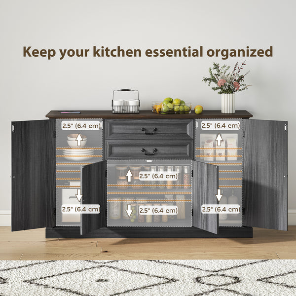 Farmhouse buffet with charging station and thick top with 2 soft-close drawers, gray/black