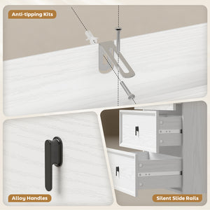 Convertible straight or L-shaped computer desk with 3 drawers and large workspace – White wood effect