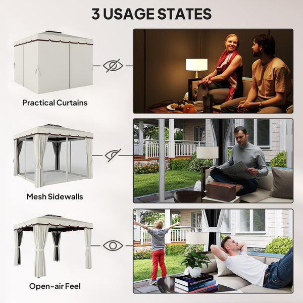 10' x 10' Outdoor Patio Gazebo Double Soft-top Garden Shelter Tent with Curtains, & Mesh Screen Drapes, Cream White