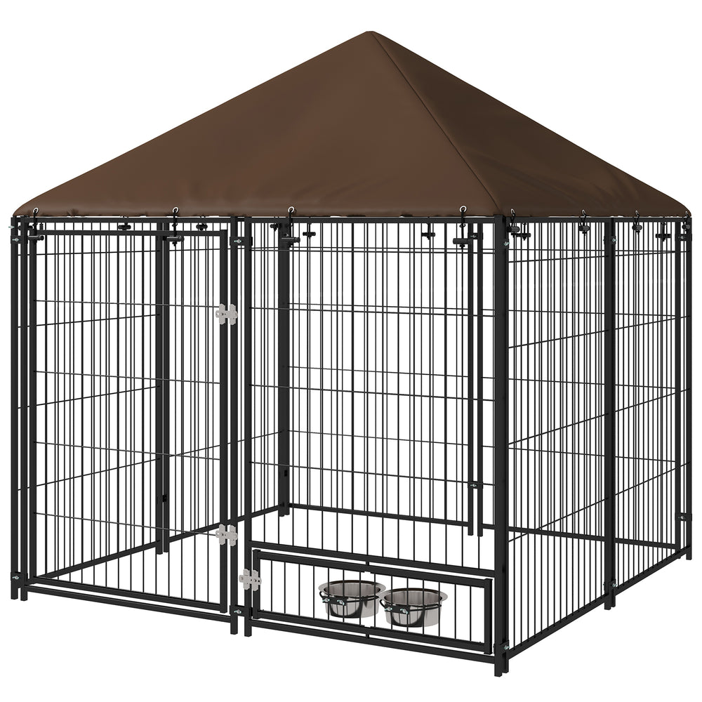 Dog kennel with canopy and swivel bowls, coffee color