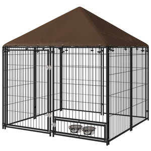Dog kennel with canopy and swivel bowls, coffee color