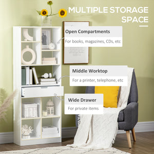 Tall bookcase with drawer, white