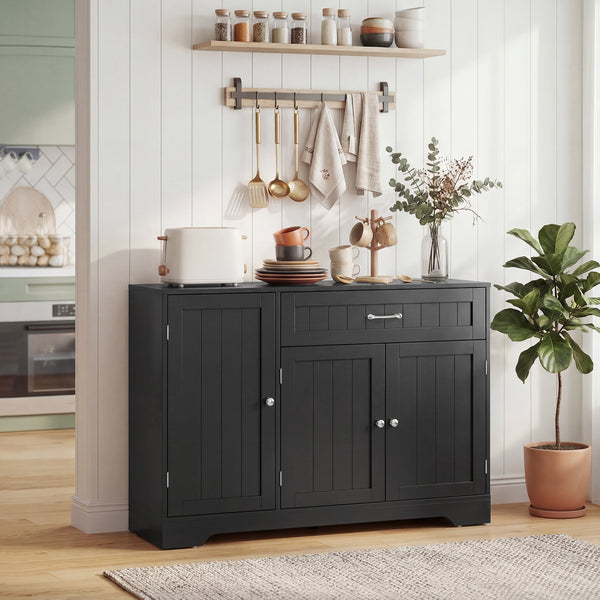 Storage sideboard with drawer, 2 cabinets, adjustable shelves and door storage – Black