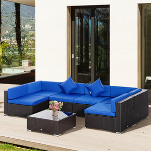 7-piece rattan garden furniture set, wicker corner sofa for patio, blue