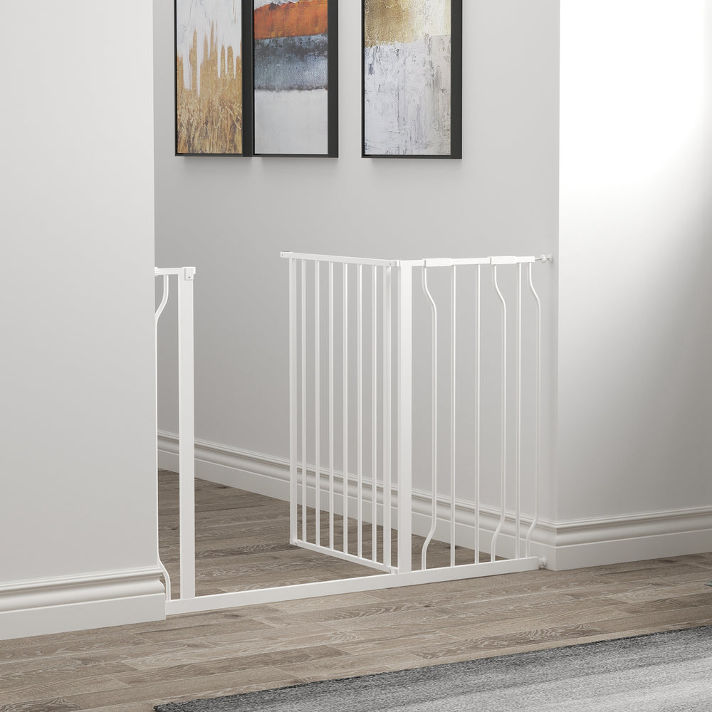 White pet gate with door and double locking system