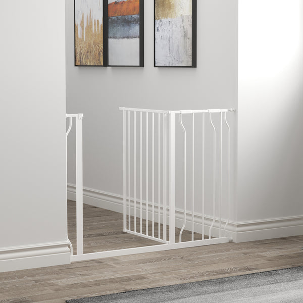 White pet gate with door and double locking system