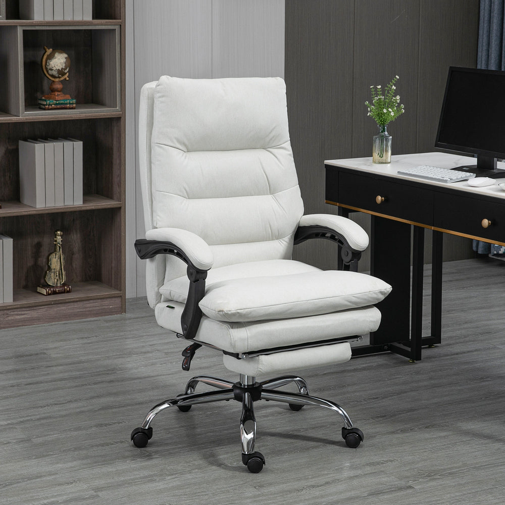Office chair with massage and 6-point heating, reclining, microfiber upholstery with footrest, cream white