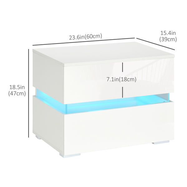 Modern bedside table with 2 drawers and RGB LED lighting, white