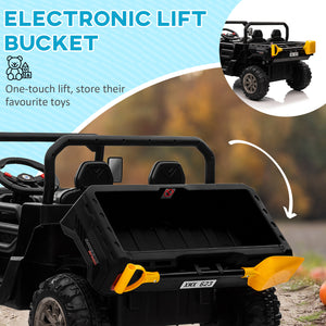 12V car with electric bucket, two seats, shovel, remote control, spring suspension, horn, music, black