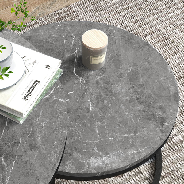 Set of 2 modern coffee tables with metal base, gray marble effect