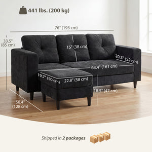 L-shaped sofa with adjustable chaise longue, wooden legs, black