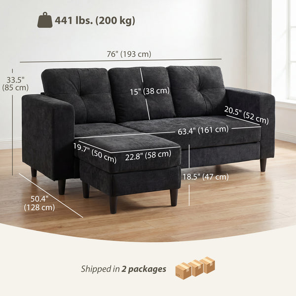 L-shaped sofa with adjustable chaise longue, wooden legs, black