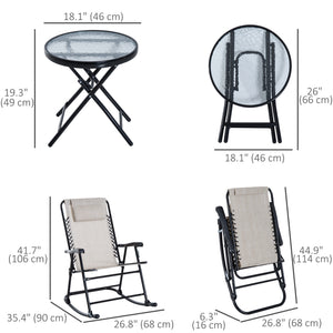 3pc Patio Rocking Chair Set, Folding Outdoor Rocking Chairs and Table Bistro Set w/ Breathable Mesh Seat & Backrest, Headrest for Park, Backyard, Garden, Cream White