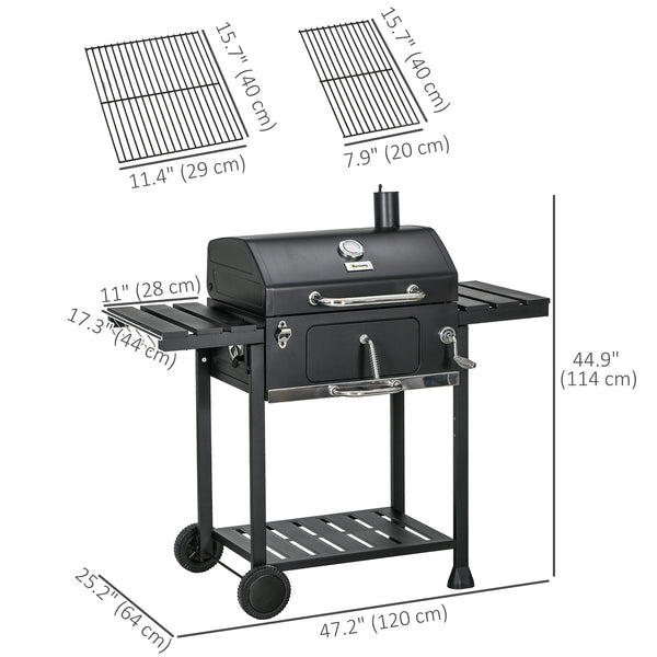 Charcoal BBQ Grill Smoker with Adjustable Charcoal Pan and Galvanised Steel Shell, Barbecue Grill Trolley with Storage