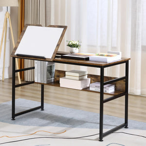 Adjustable Drafting Table with Tilting Top and Storage Shelf, Rustic Brown