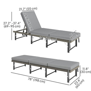 Folding Outdoor Lounge Chair, Wicker Chaise Lounge Tanning Chair with Cushion for Beach, Poolside, Garden, Grey