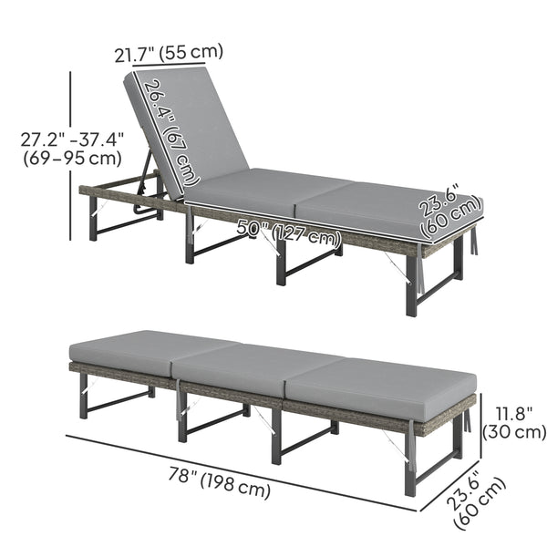 Folding Outdoor Lounge Chair, Wicker Chaise Lounge Tanning Chair with Cushion for Beach, Poolside, Garden, Grey