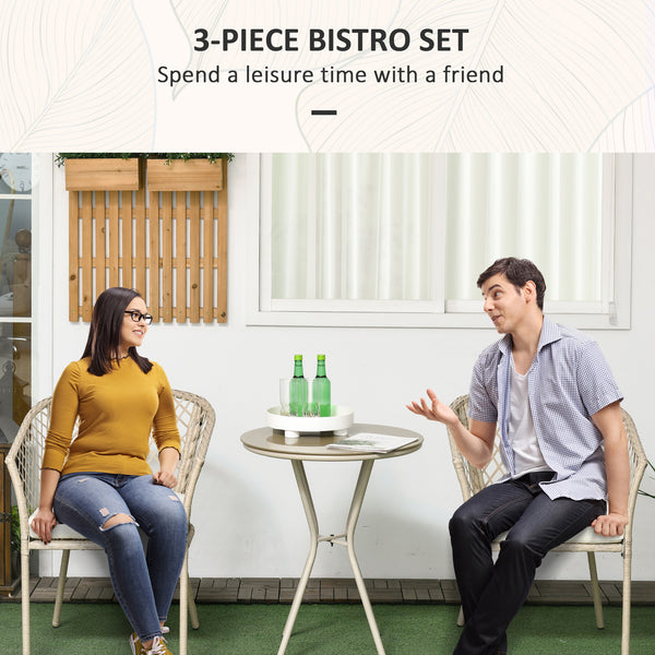 3-piece outdoor bistro set in PE rattan with seat cushions and glass table, beige