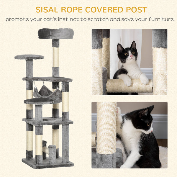 52" Multi-Level Cat Tree, Scratching Post, Playhouse with Hammock - Grey