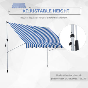 10x5ft Manual Retractable Awning, Patio Sun Shade Canopy Shelter with 5.6-9.2ft Support Pole, Water Resistant UV Protector, for Window, Door, Porch, Deck, Blue