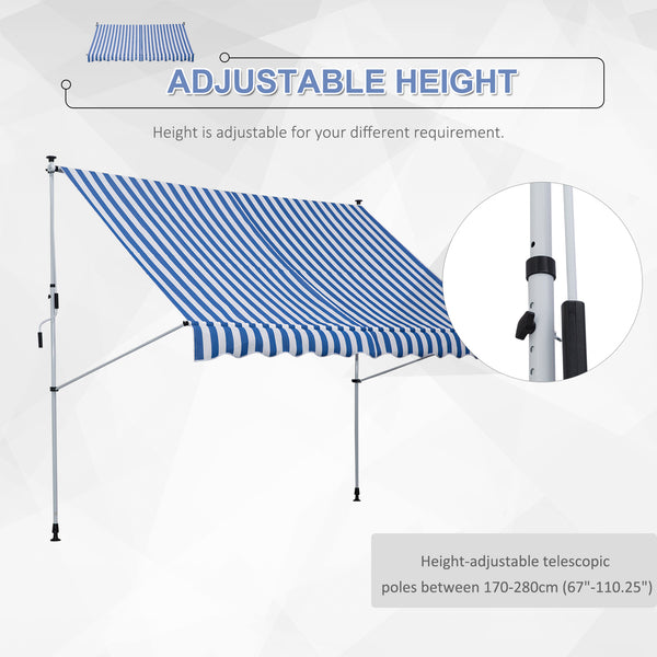 10x5ft Manual Retractable Awning, Patio Sun Shade Canopy Shelter with 5.6-9.2ft Support Pole, Water Resistant UV Protector, for Window, Door, Porch, Deck, Blue