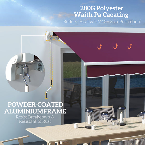 10' x 8' Manual Retractable Awning with LED Lighting, Aluminum Frame, Patio Door Sun Shade, Wine Red