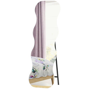 Irregular Wavy Frameless Full Length Mirror with Pine Base, Black