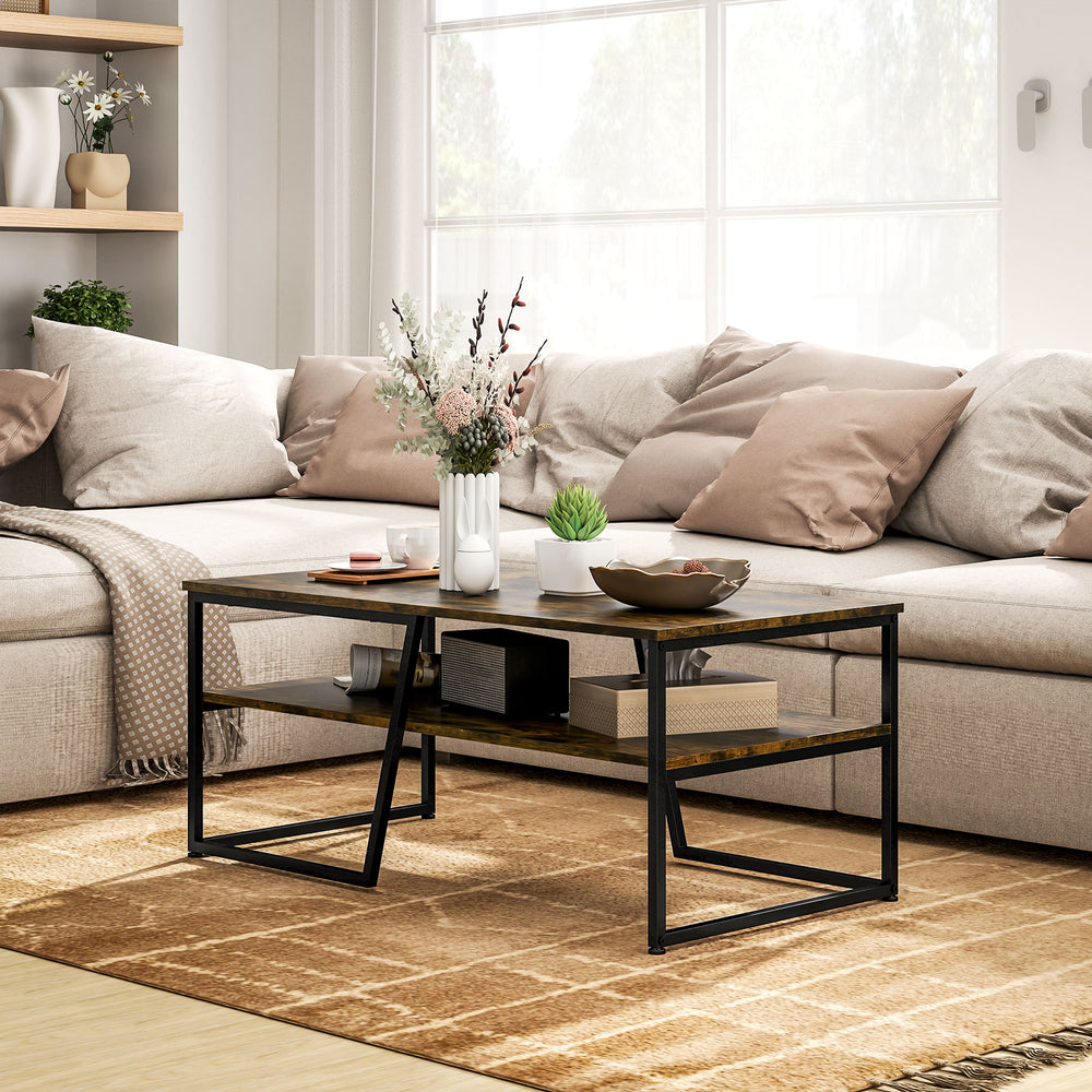 Industrial Two-Tier Coffee Table with Storage Shelf, Rustic Brown