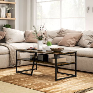 Industrial Two-Tier Coffee Table with Storage Shelf, Rustic Brown