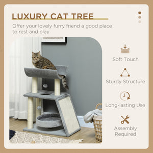 Small cat tree with perch, scratching posts, mat, bed and play balls, light gray