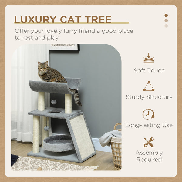 Small cat tree with perch, scratching posts, mat, bed and play balls, light gray