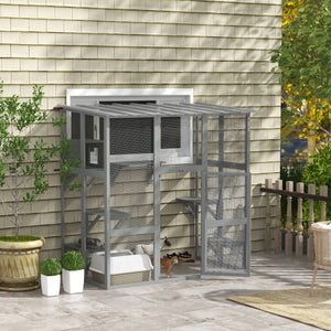 Cat enclosure with window, waterproof roof, bridge, resting niche and platforms, grey