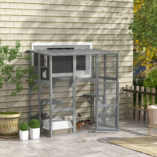 Cat enclosure with window, waterproof roof, bridge, resting niche and platforms, grey