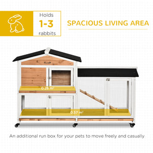 Wooden hutch with wheels, enclosure, tray, and ramp