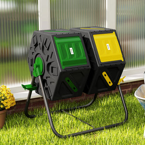 Double-chamber rotary composter with 24 vents and steel legs
