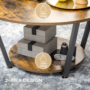 2-Tier Round Coffee Table with Storage Shelf, Rustic Brown