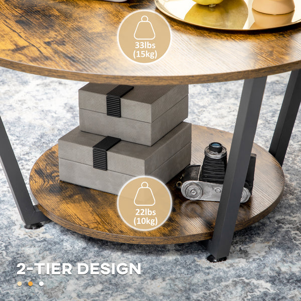 2-Tier Round Coffee Table with Storage Shelf, Rustic Brown